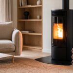 Sacs de granulés bois certifiés DIN+ et EN+ près d'un poêle à pellets moderne en fonctionnement