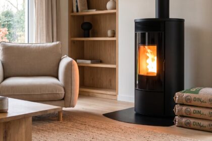 Sacs de granulés bois certifiés DIN+ et EN+ près d'un poêle à pellets moderne en fonctionnement