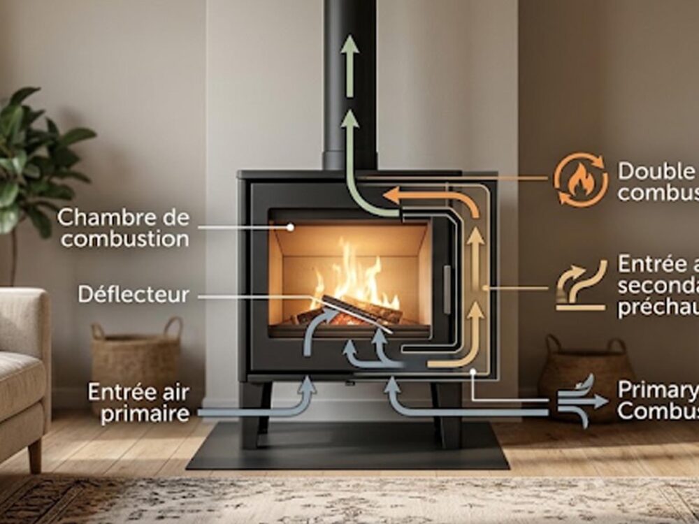 Schéma explicatif et vue en coupe d'un poêle à bois fonctionnement de la double combustion