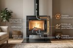 Schéma explicatif et vue en coupe d'un poêle à bois fonctionnement de la double combustion