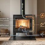 Schéma explicatif et vue en coupe d'un poêle à bois fonctionnement de la double combustion