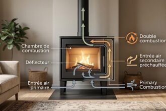 Schéma explicatif et vue en coupe d'un poêle à bois fonctionnement de la double combustion
