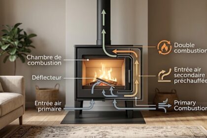 Schéma explicatif et vue en coupe d'un poêle à bois fonctionnement de la double combustion