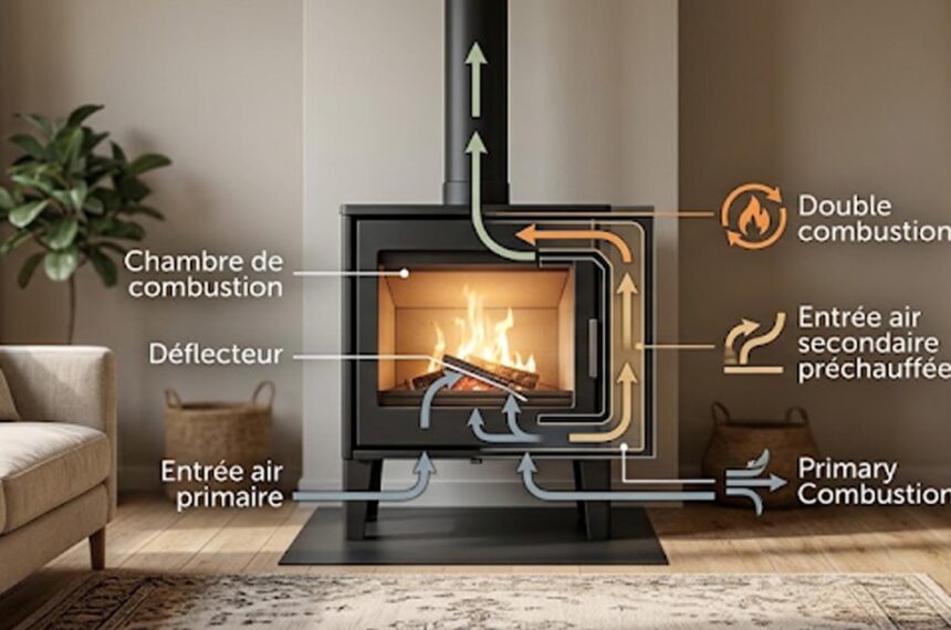 Schéma explicatif et vue en coupe d'un poêle à bois fonctionnement de la double combustion