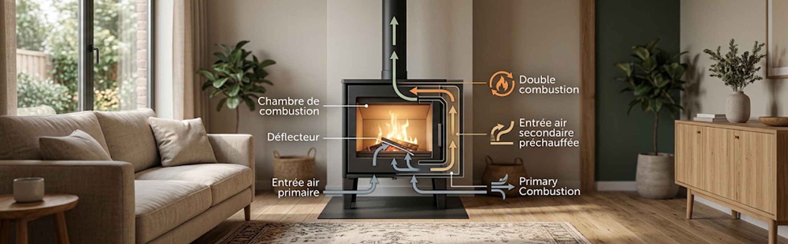 Schéma explicatif et vue en coupe d'un poêle à bois fonctionnement de la double combustion
