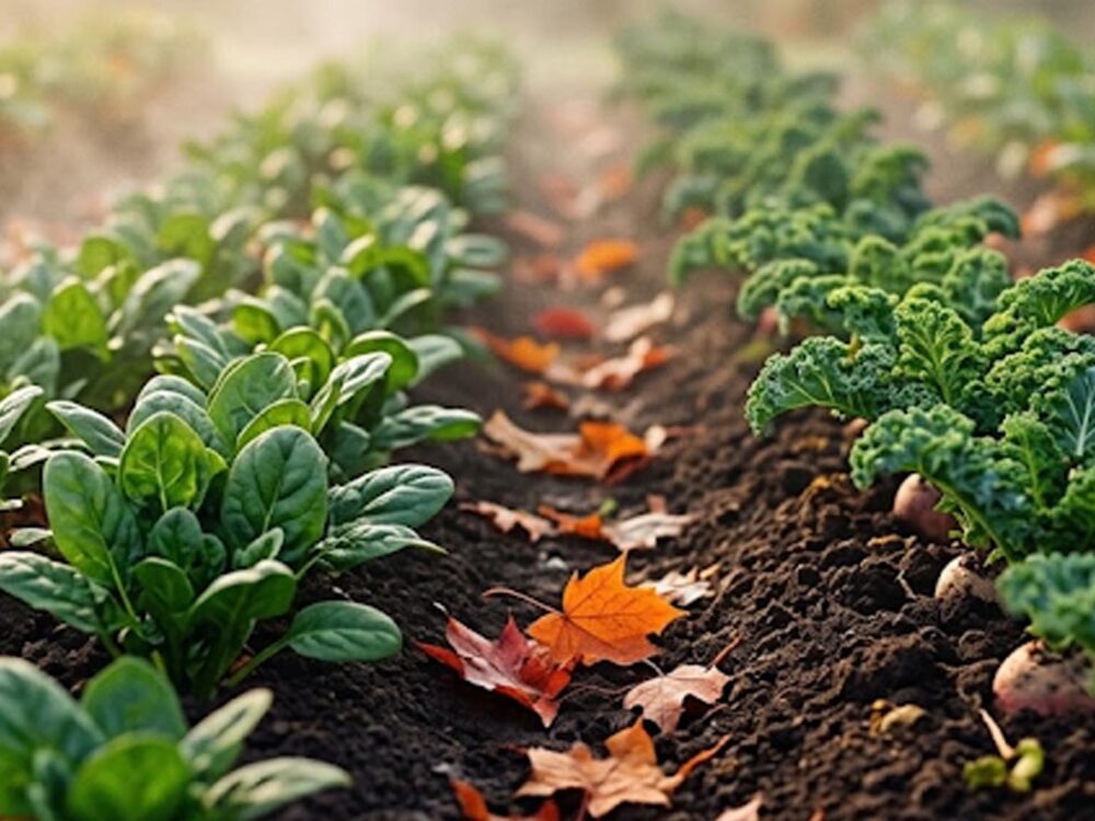 Vue d'ensemble d'un potager en automne, avec des rangées de légumes verts résistant au froid et des feuilles orangées au sol, baigné par la lumière dorée du matin.
