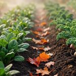Vue d'ensemble d'un potager en automne, avec des rangées de légumes verts résistant au froid et des feuilles orangées au sol, baigné par la lumière dorée du matin.