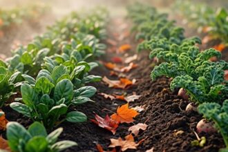 Vue d'ensemble d'un potager en automne, avec des rangées de légumes verts résistant au froid et des feuilles orangées au sol, baigné par la lumière dorée du matin.