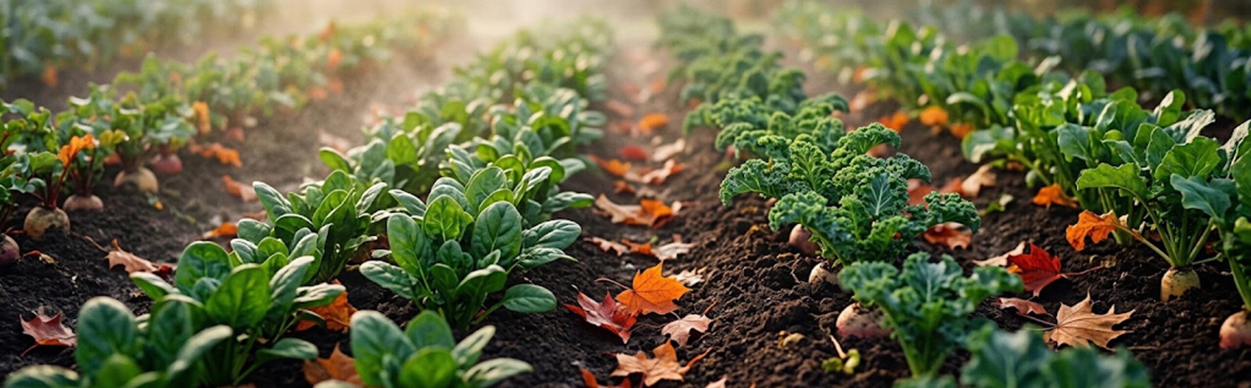 Vue d'ensemble d'un potager en automne, avec des rangées de légumes verts résistant au froid et des feuilles orangées au sol, baigné par la lumière dorée du matin.
