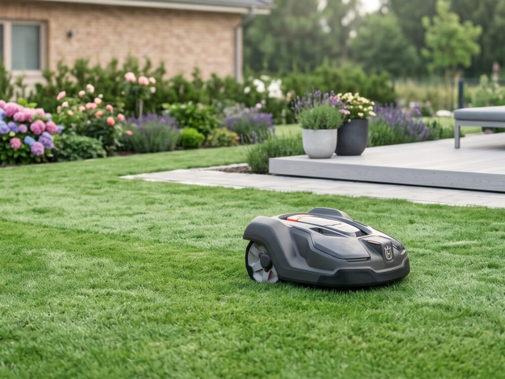Robot tondeuse Husqvarna Automower 305 en action sur une pelouse verte et bien entretenue