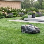 Robot tondeuse Husqvarna Automower 305 en action sur une pelouse verte et bien entretenue