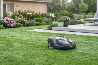 Robot tondeuse Husqvarna Automower 305 en action sur une pelouse verte et bien entretenue
