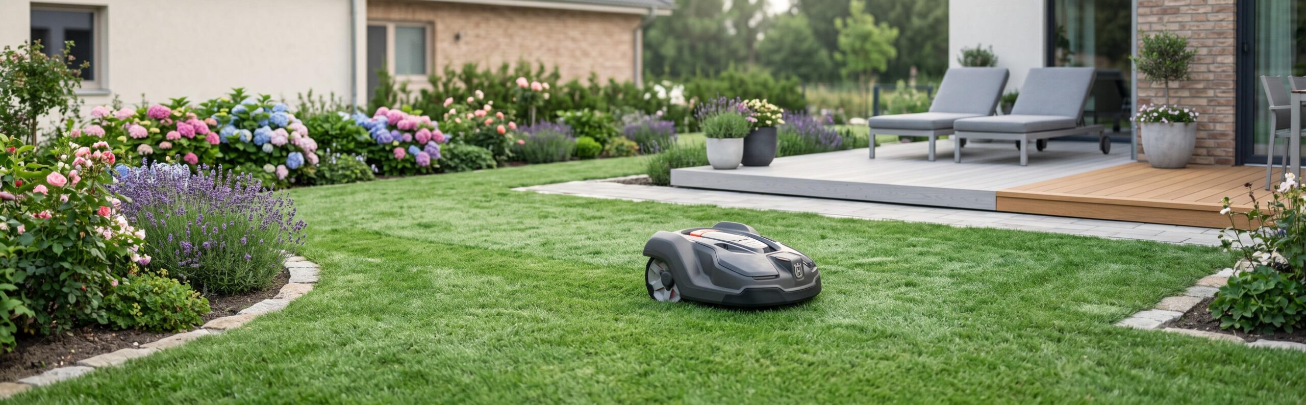Robot tondeuse Husqvarna Automower 305 en action sur une pelouse verte et bien entretenue