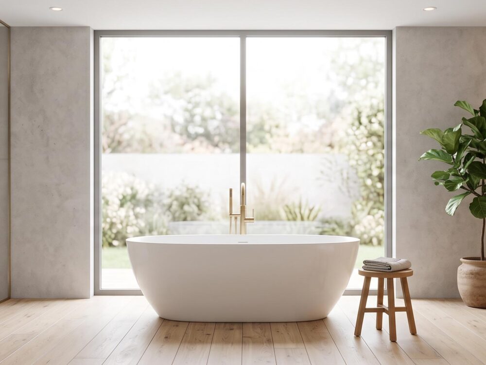 Vue d'ensemble d'une salle de bain moderne avec une élégante baignoire îlot blanche
