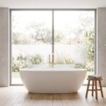 Vue d'ensemble d'une salle de bain moderne avec une élégante baignoire îlot blanche