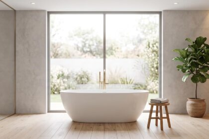 Vue d'ensemble d'une salle de bain moderne avec une élégante baignoire îlot blanche