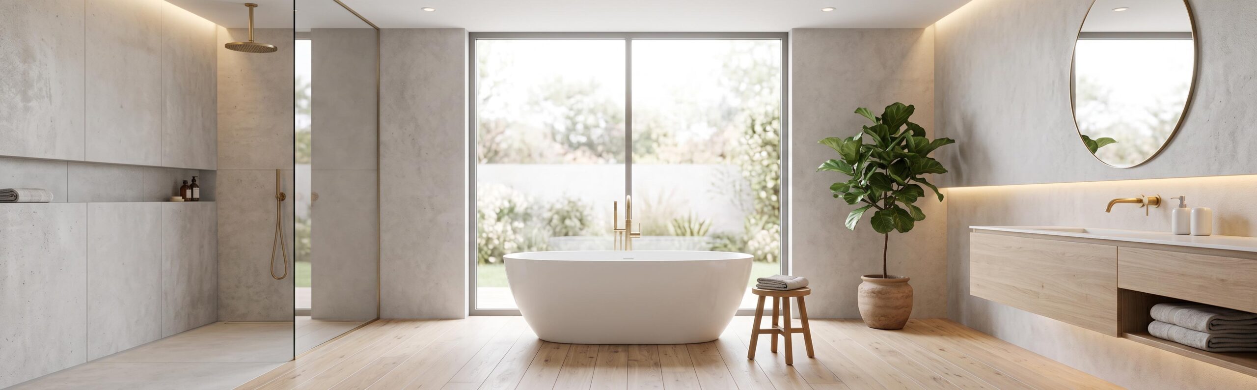 Vue d'ensemble d'une salle de bain moderne avec une élégante baignoire îlot blanche
