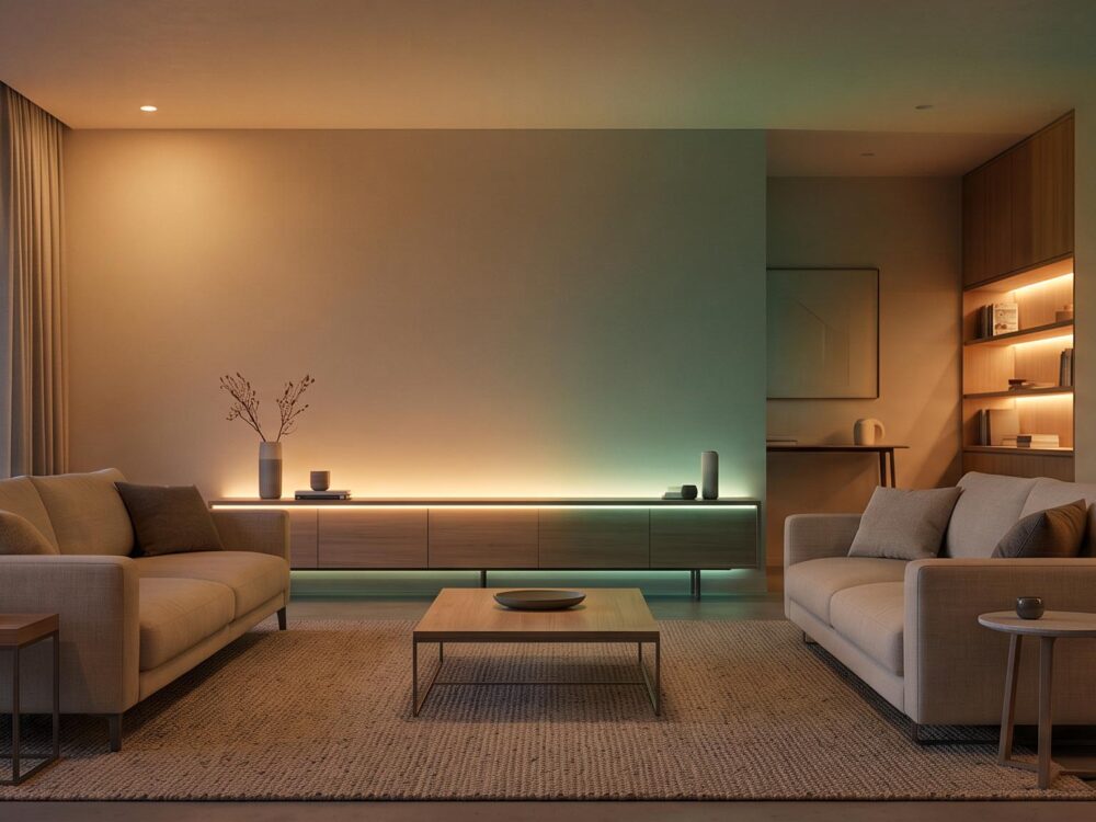 Ambiance chaleureuse dans un salon moderne avec éclairage connecté Philips Hue