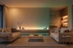 Ambiance chaleureuse dans un salon moderne avec éclairage connecté Philips Hue