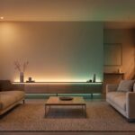 Ambiance chaleureuse dans un salon moderne avec éclairage connecté Philips Hue