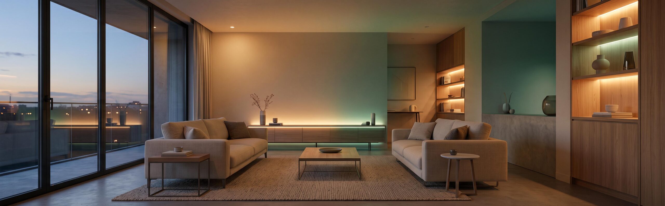 Ambiance chaleureuse dans un salon moderne avec éclairage connecté Philips Hue