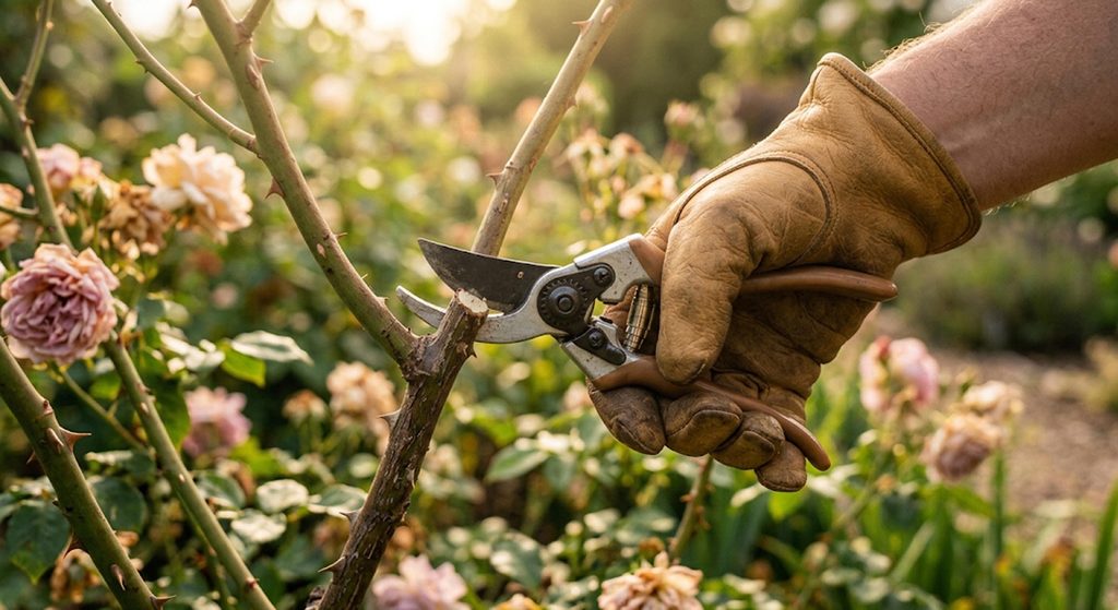 Jardinier utilisant un sécateur de qualité pour tailler des rosiers dans son jardin ensoleillé