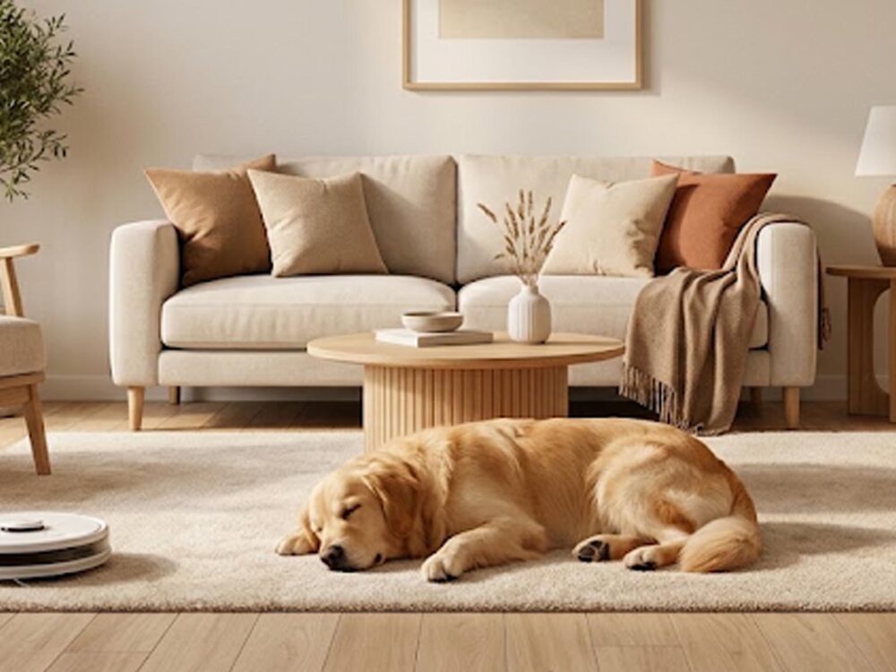 Aspirateur robot discret dans un salon propre avec chien, idéal pour les propriétaires d'animaux domestiques