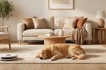 Aspirateur robot discret dans un salon propre avec chien, idéal pour les propriétaires d'animaux domestiques