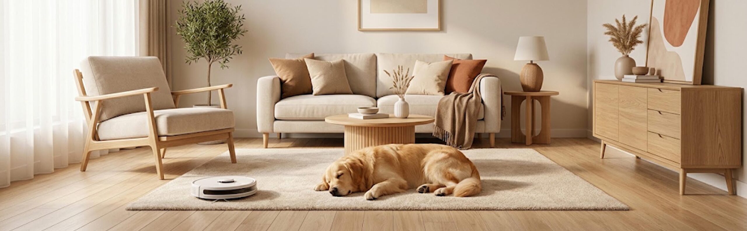 Aspirateur robot discret dans un salon propre avec chien, idéal pour les propriétaires d'animaux domestiques