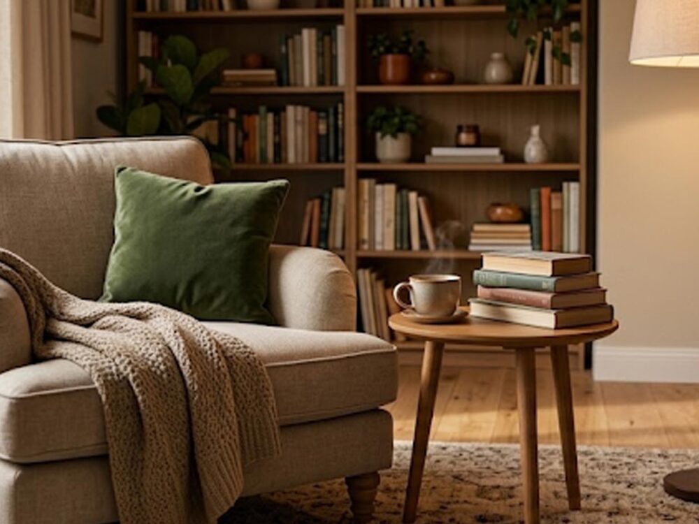 Coin lecture cosy et chaleureux aménagé pour l'automne, avec fauteuil confortable, plaid douillet et lumière tamisée.
