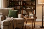 Coin lecture cosy et chaleureux aménagé pour l'automne, avec fauteuil confortable, plaid douillet et lumière tamisée.
