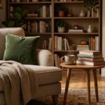 Coin lecture cosy et chaleureux aménagé pour l'automne, avec fauteuil confortable, plaid douillet et lumière tamisée.