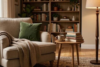 Coin lecture cosy et chaleureux aménagé pour l'automne, avec fauteuil confortable, plaid douillet et lumière tamisée.