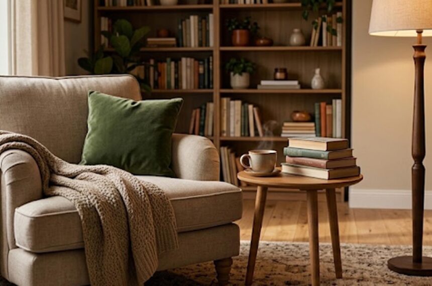 Coin lecture cosy et chaleureux aménagé pour l'automne, avec fauteuil confortable, plaid douillet et lumière tamisée.