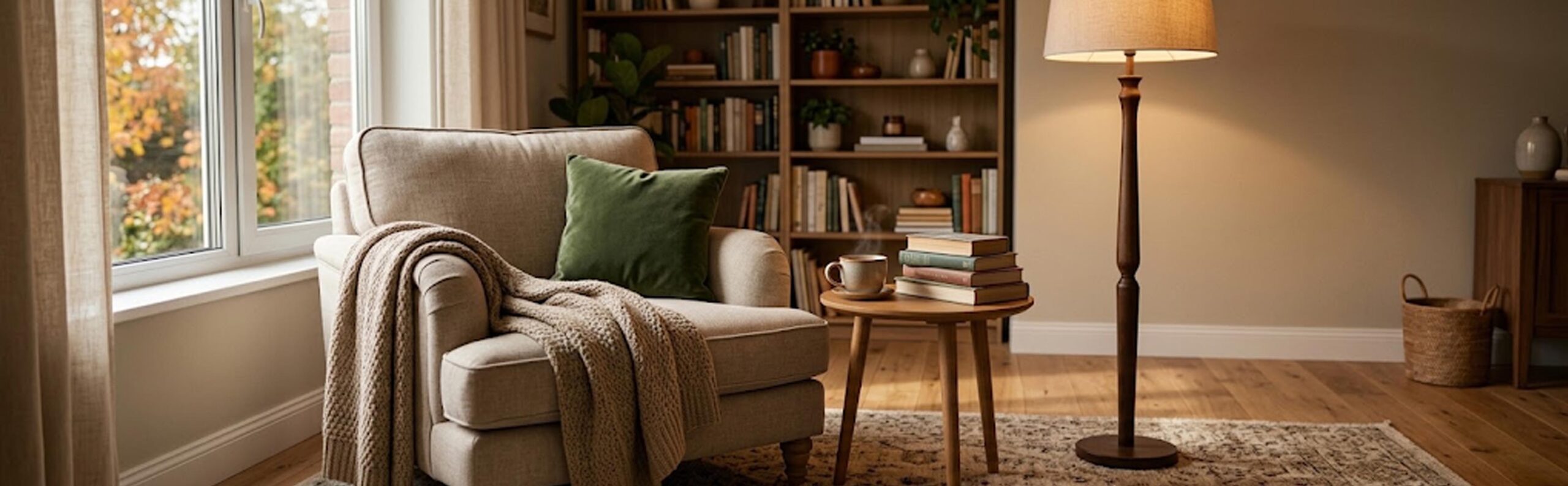 Coin lecture cosy et chaleureux aménagé pour l'automne, avec fauteuil confortable, plaid douillet et lumière tamisée.
