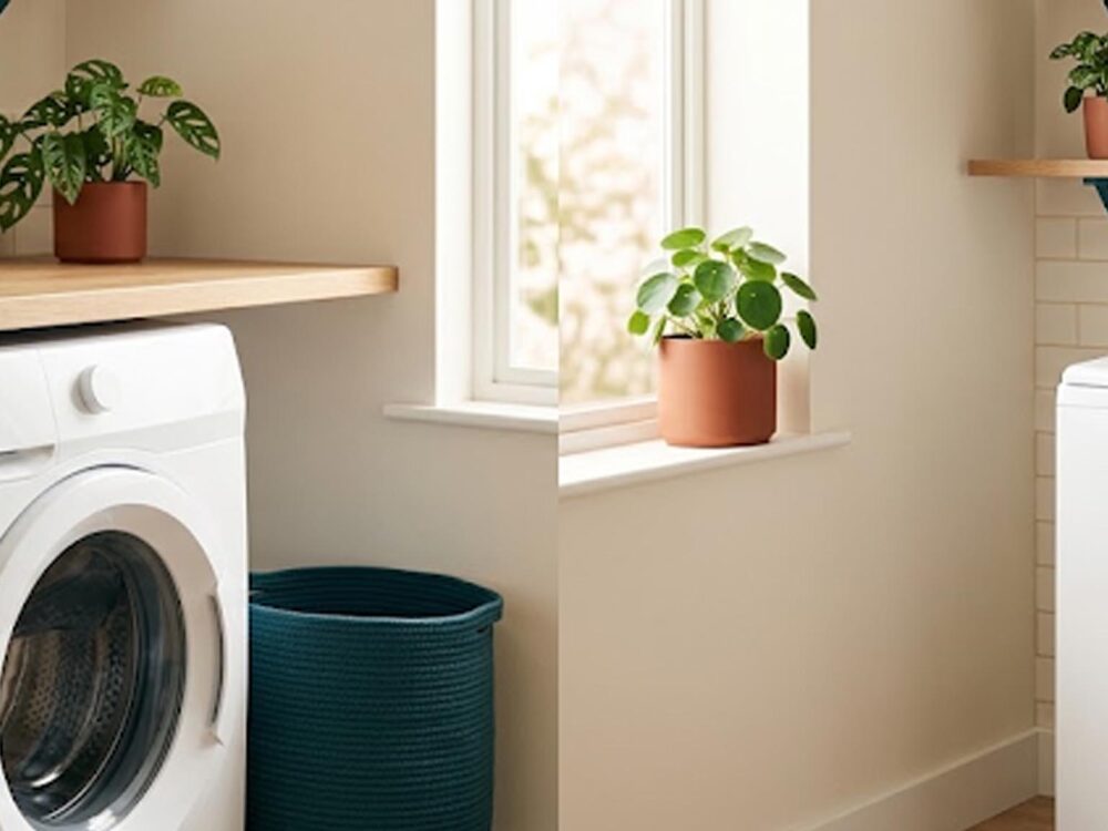 Comparatif lave linge hublot top dans une buanderie moderne et lumineuse