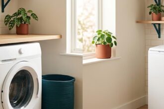 Comparatif lave linge hublot top dans une buanderie moderne et lumineuse