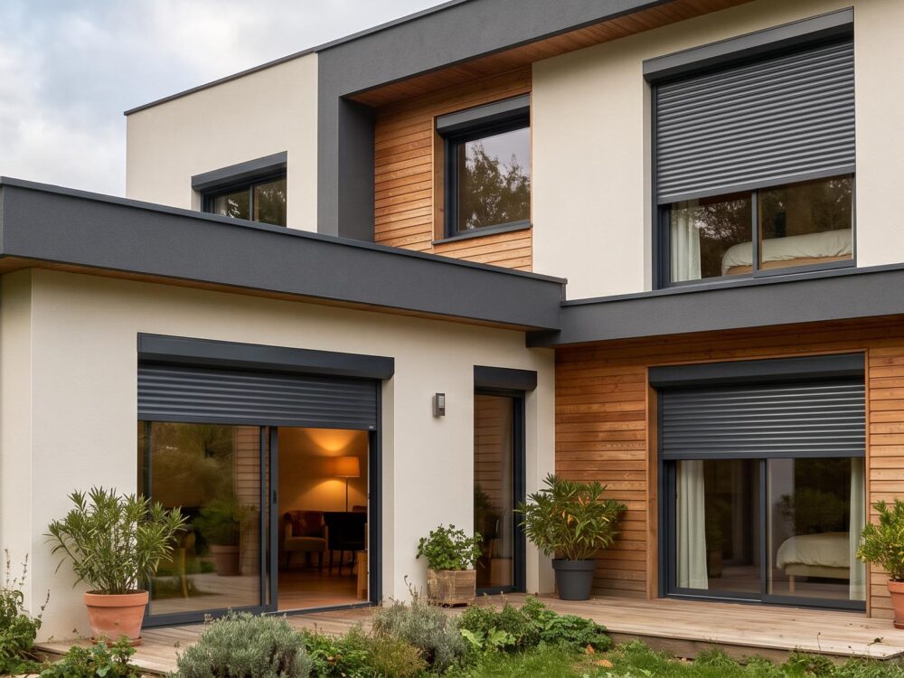 Façade moderne d'une maison résidentielle avec volets roulants alu ou PVC fermés et ouverts, sous un ciel nuageux.