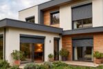 Façade moderne d'une maison résidentielle avec volets roulants alu ou PVC fermés et ouverts, sous un ciel nuageux.