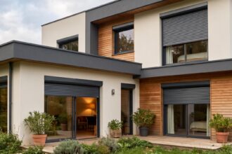Façade moderne d'une maison résidentielle avec volets roulants alu ou PVC fermés et ouverts, sous un ciel nuageux.