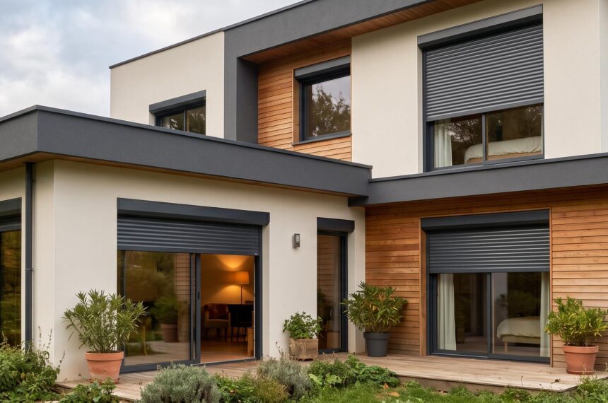 Façade moderne d'une maison résidentielle avec volets roulants alu ou PVC fermés et ouverts, sous un ciel nuageux.