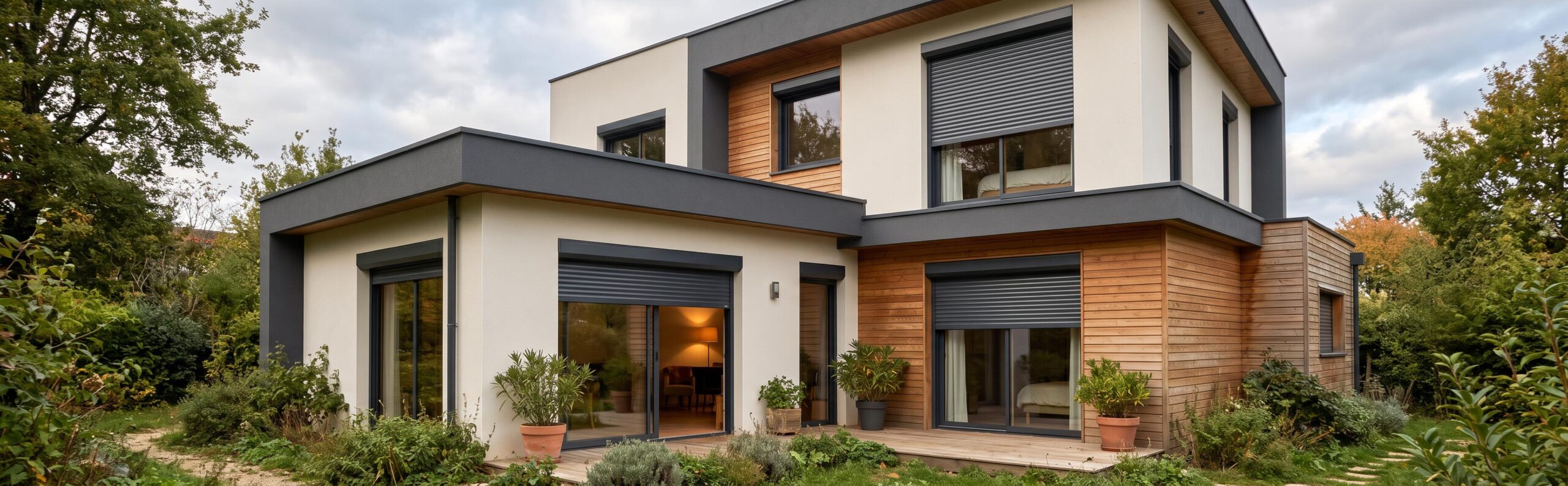 Façade moderne d'une maison résidentielle avec volets roulants alu ou PVC fermés et ouverts, sous un ciel nuageux.