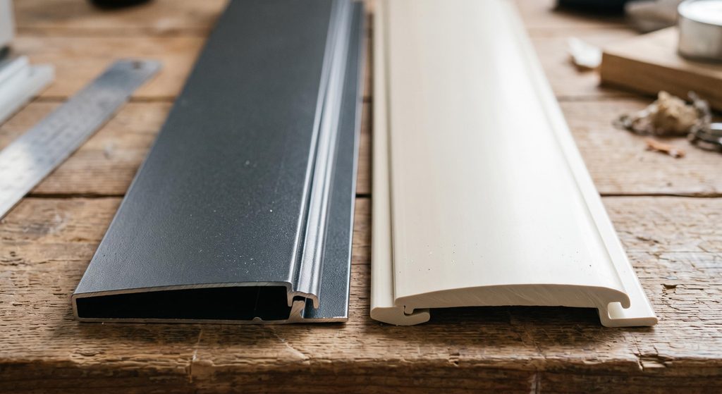 Gros plan détaillé de lames de volet roulant en aluminium et PVC, montrant leurs textures et finitions respectives.