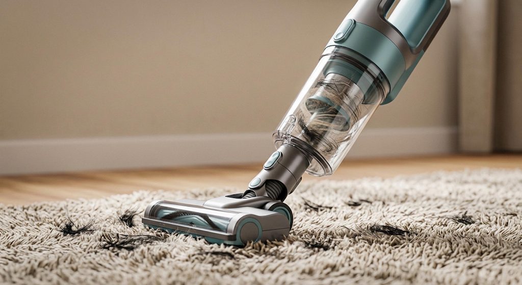 Gros plan d'un aspirateur balai puissant aspirant efficacement les poils d'animaux sur un tapis à longs poils
