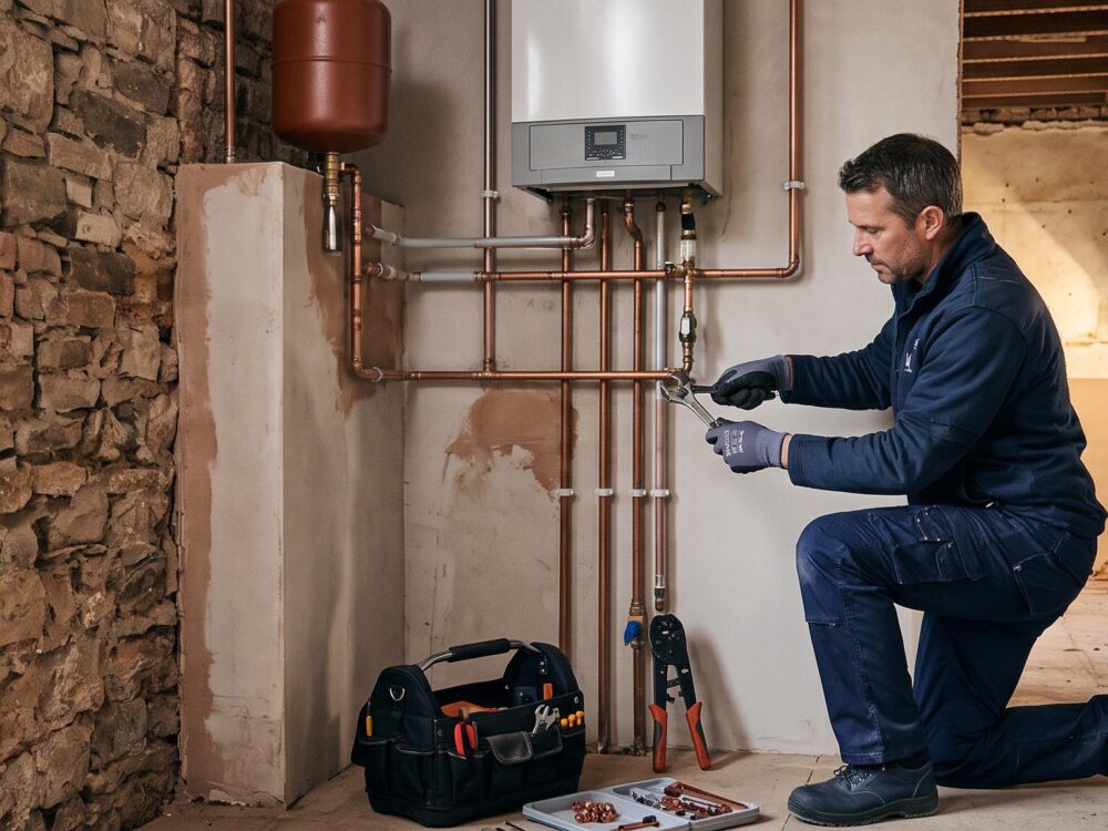 Installation professionnelle d'un système de chauffage central moderne dans une maison ancienne en cours de rénovation énergétique