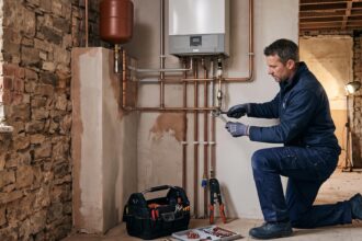 Installation professionnelle d'un système de chauffage central moderne dans une maison ancienne en cours de rénovation énergétique