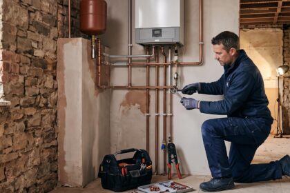 Installation professionnelle d'un système de chauffage central moderne dans une maison ancienne en cours de rénovation énergétique