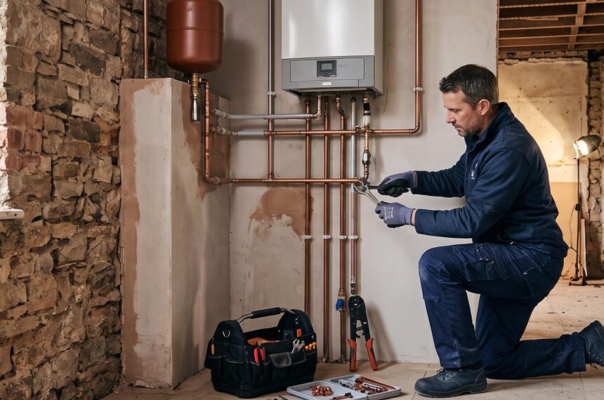 Installation professionnelle d'un système de chauffage central moderne dans une maison ancienne en cours de rénovation énergétique