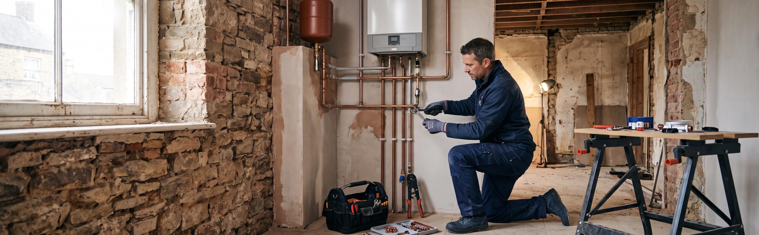 Installation professionnelle d'un système de chauffage central moderne dans une maison ancienne en cours de rénovation énergétique