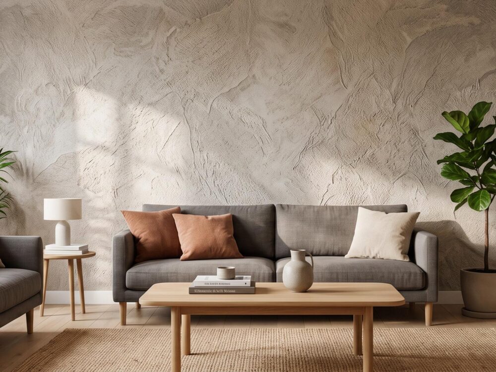Intérieur moderne avec revêtement mural texturé tendance, salon lumineux et épuré
